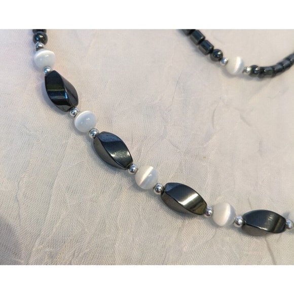 Hematite Beaded Necklace Matching Bracelet Black White Jewelry Stone Style Fun - Picture 3 of 8